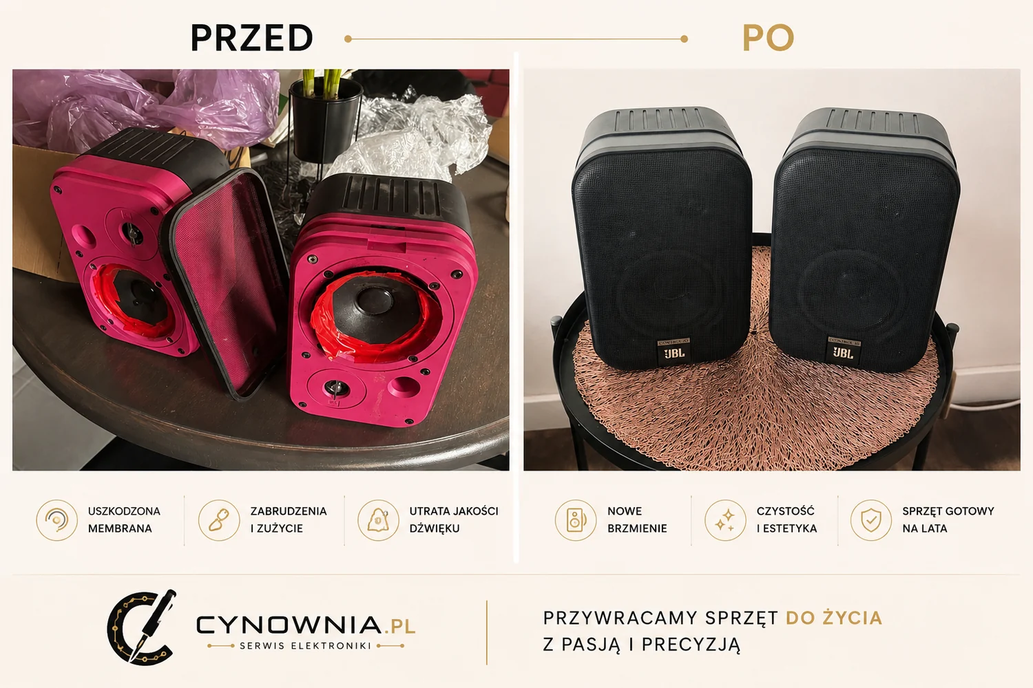 Renowacja głośników JBL - przed i po